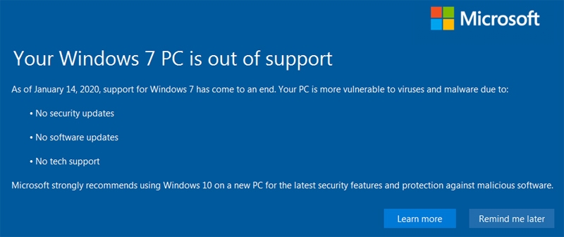 windows 7 PC is out of support